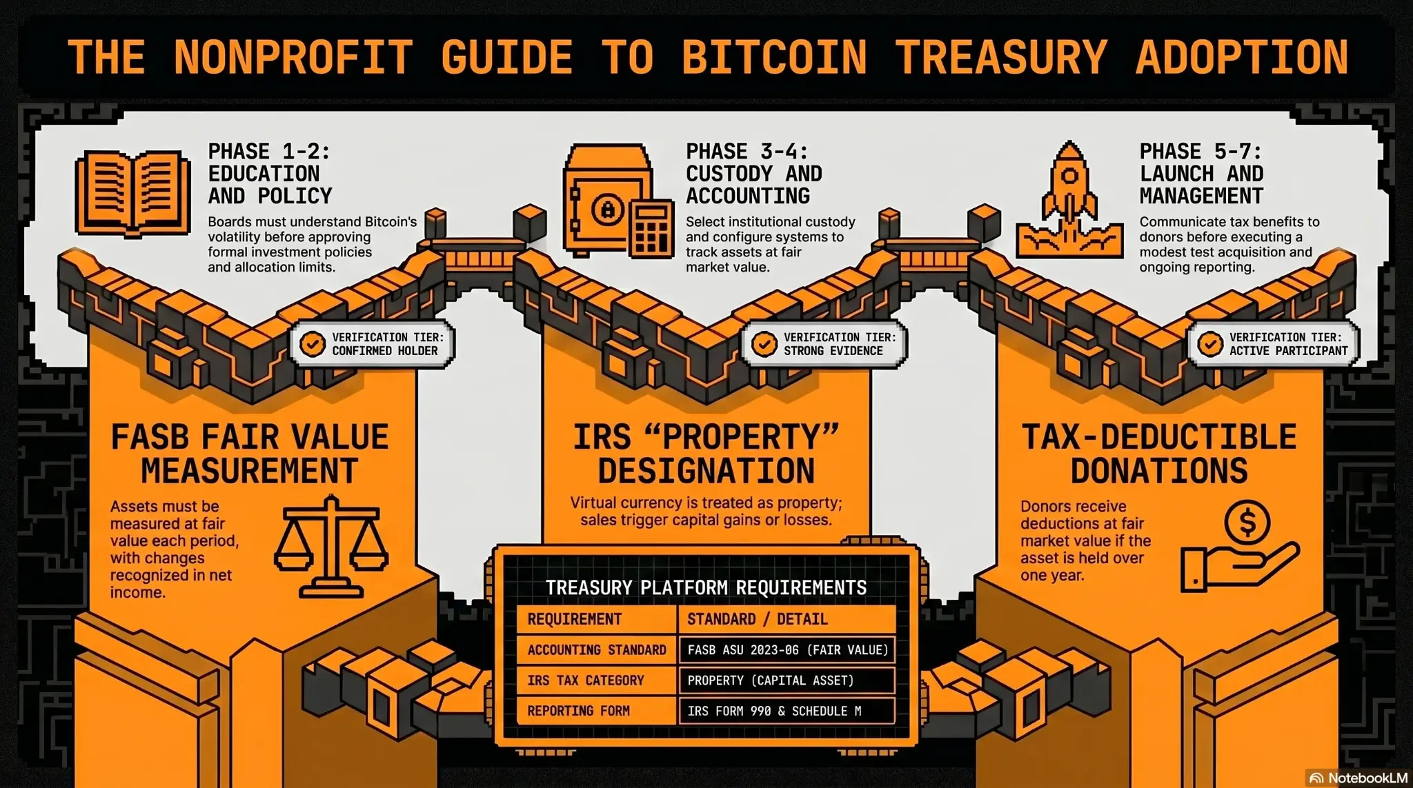 The Nonprofit Guide to Bitcoin Treasury Adoption — a seven-phase roadmap infographic showing Phase 1-2 (Education and Policy), Phase 3-4 (Custody and Accounting), and Phase 5-7 (Launch and Management), with verification tiers (Confirmed Holder, Strong Evidence, Active Participant), FASB fair value measurement requirements, IRS property designation rules for capital gains treatment, tax-deductible donation guidelines, and a treasury platform requirements table listing FASB ASU 2023-06, IRS property classification, and IRS Form 990 and Schedule M reporting obligations.